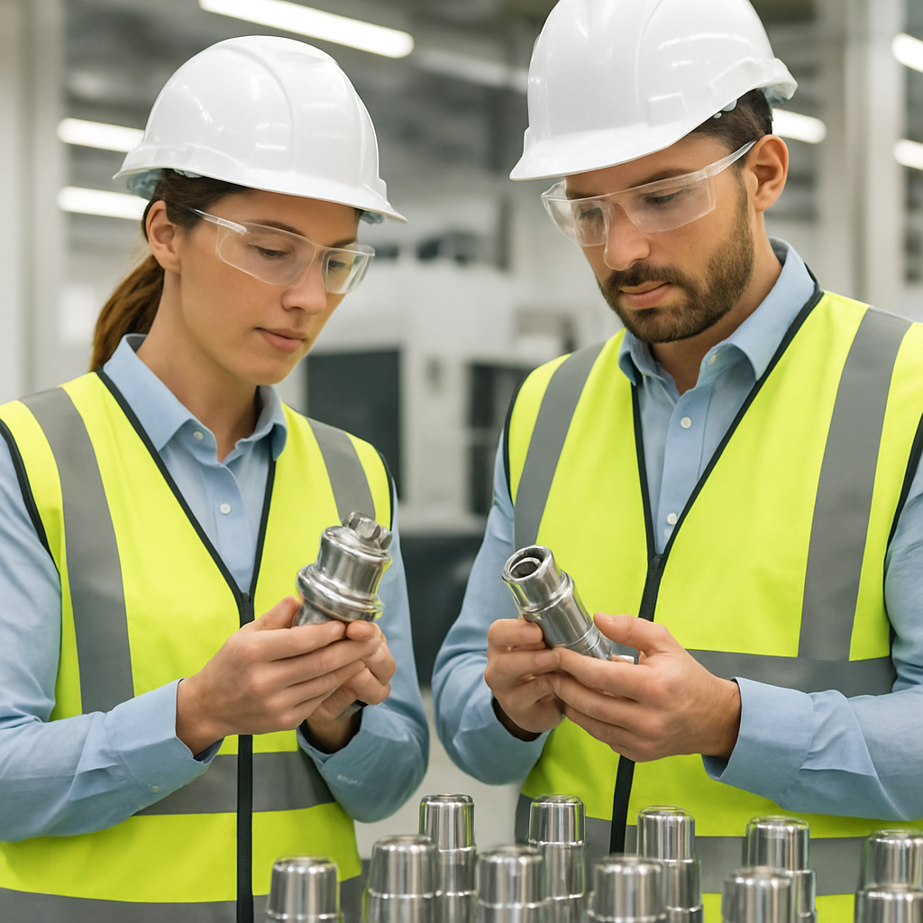 Engineers inspecting precision metal parts on the factory floor